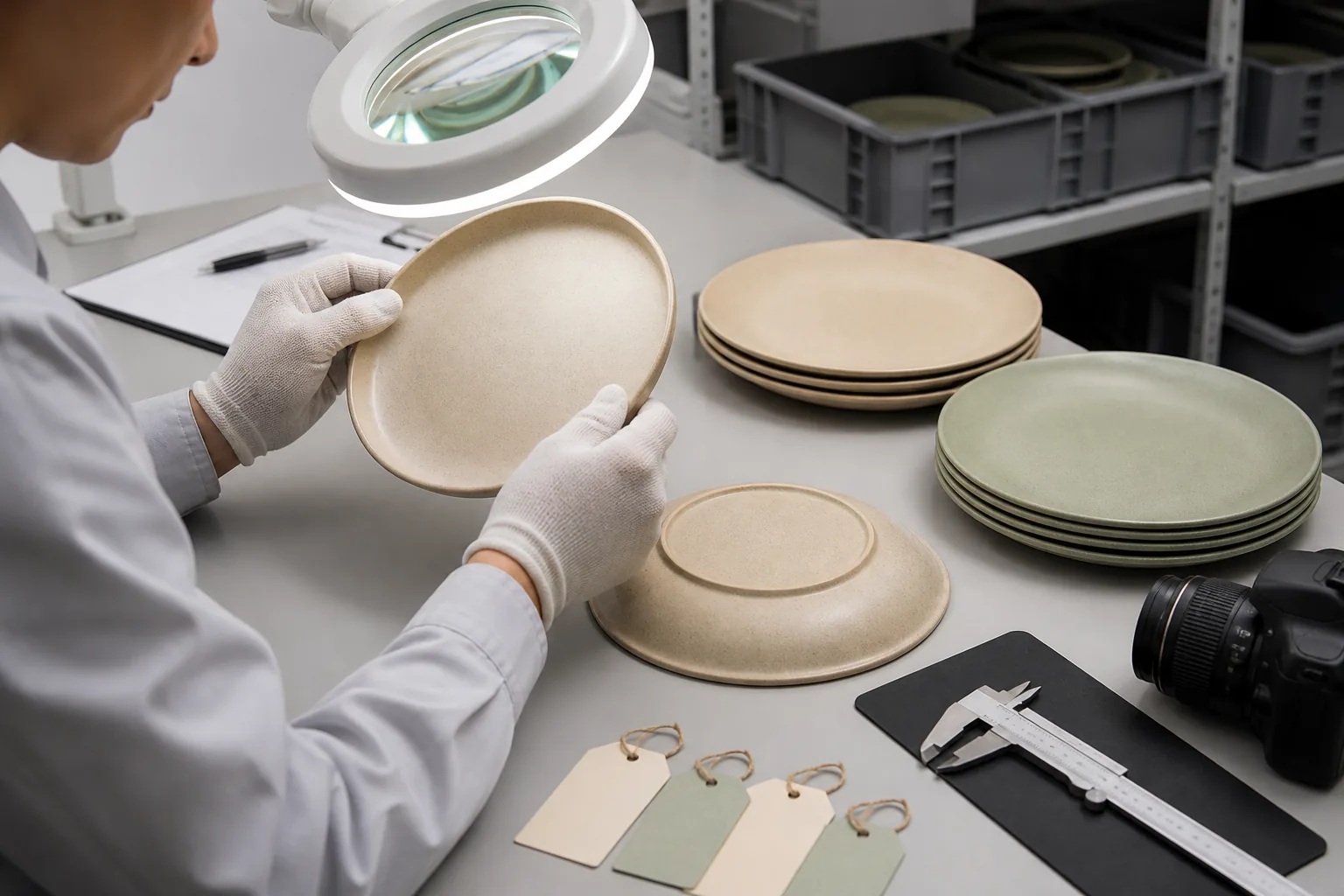 Quality inspector checking rim cracks and impact defects on wheat straw tableware