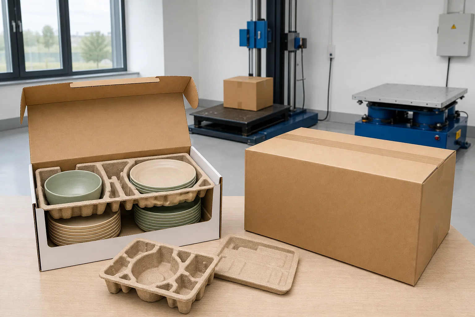 Packed wheat straw tableware set prepared for distribution drop validation
