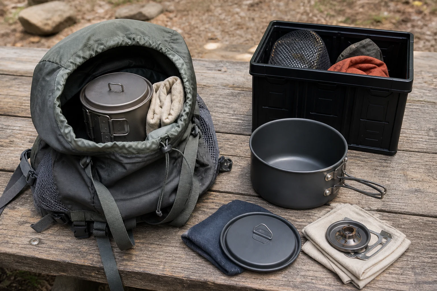 Titanium backpacking pot and aluminum base camp cookware packing scenarios