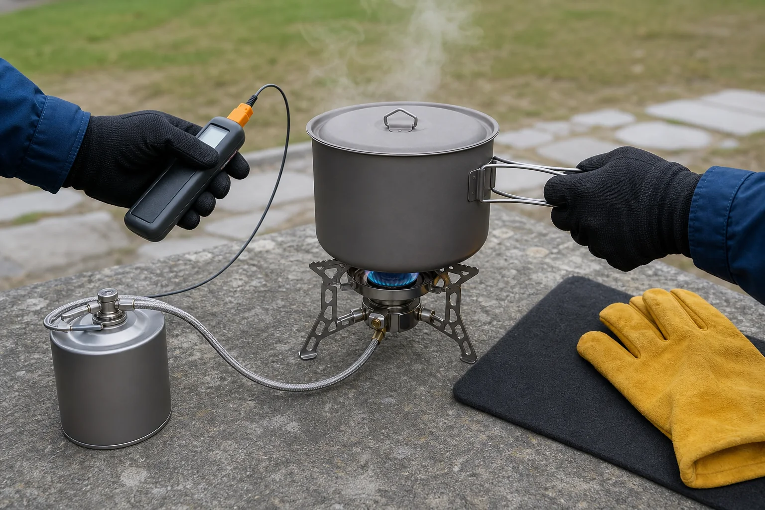 Titanium camping cookware heat use check on a controlled outdoor stove setup