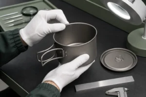 Inspector checking titanium cookware rim handle base and surface finish