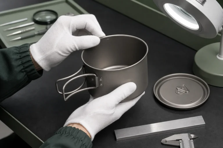 Inspector checking titanium cookware rim handle base and surface finish