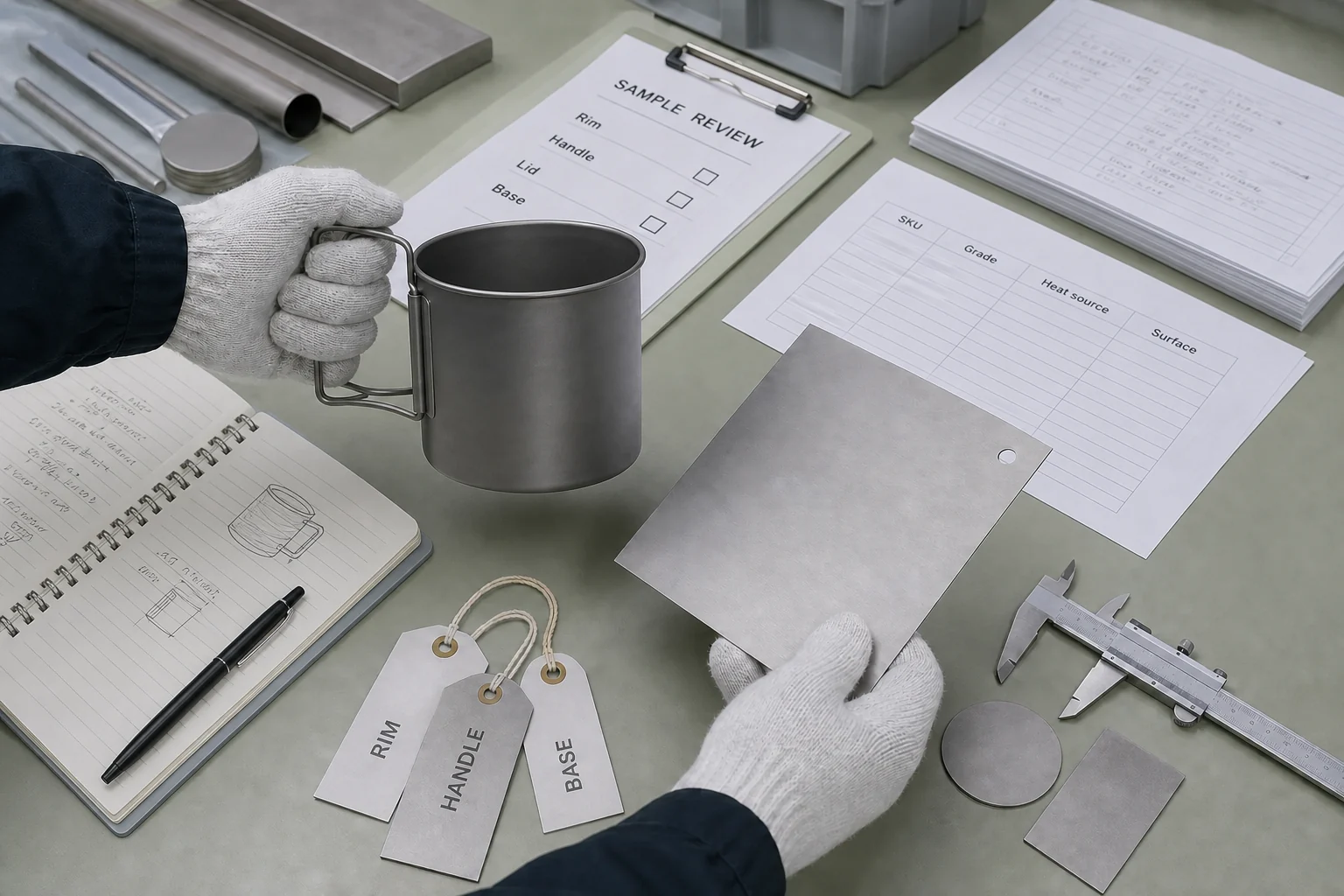 Buyer reviewing titanium cookware sample with written component checklist