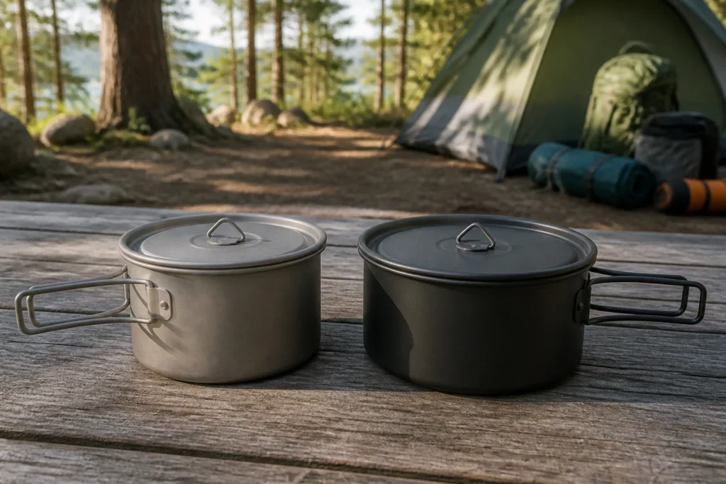 Titanium vs aluminum camping cookware pots at a campsite