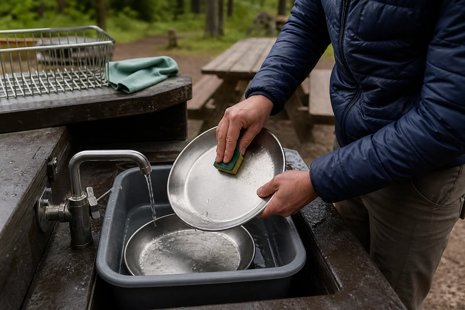 Camper washing stainless steel plates at a designated campsite station