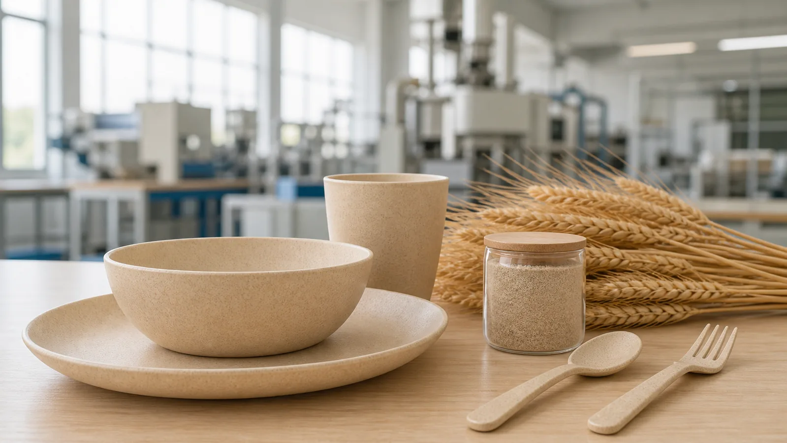 Beige wheat straw tableware displayed with cleaned straw fiber in a factory sample room
