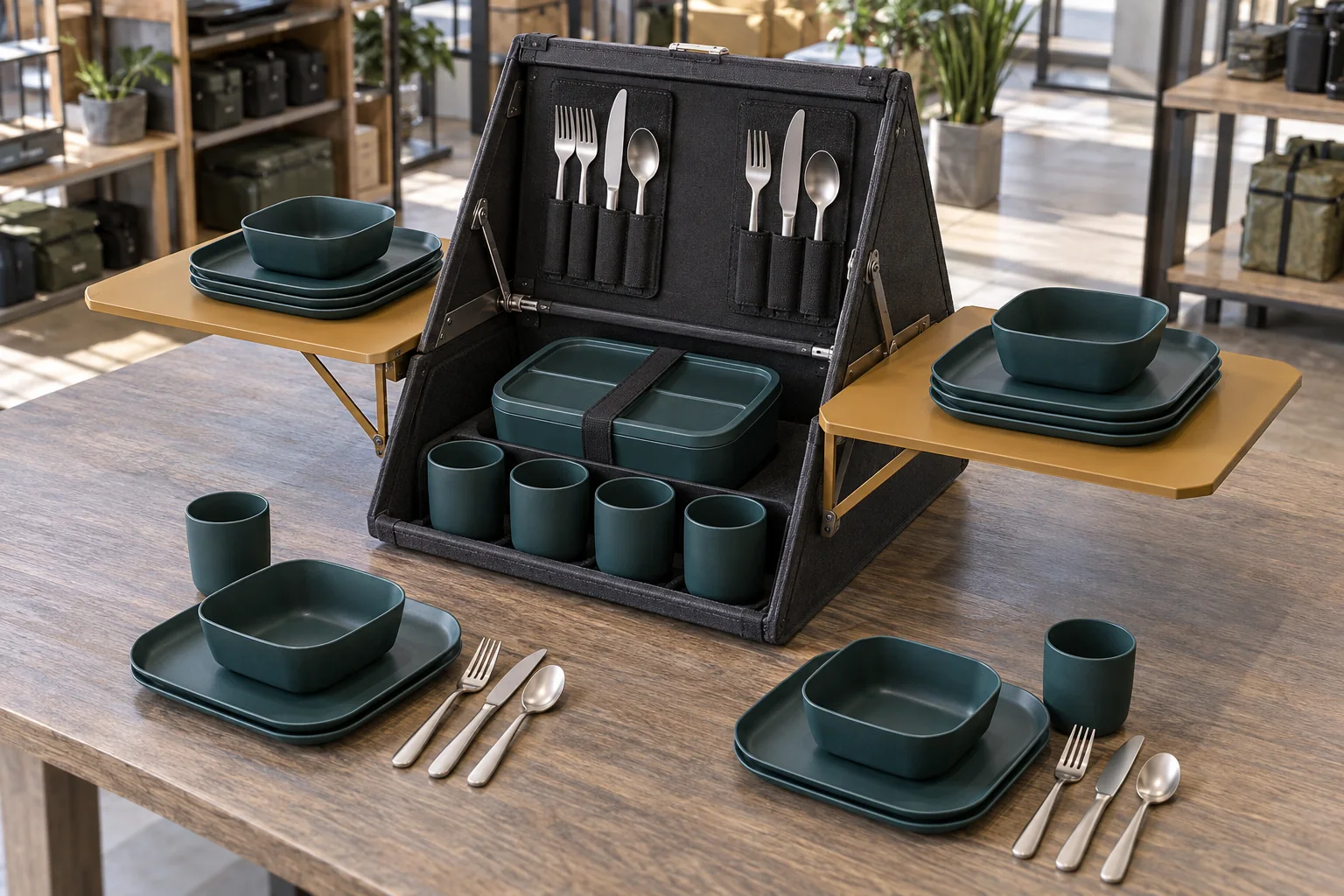 A-frame dinnerware reference configuration A-frame camping dinnerware configuration with shelves plates bowls cups lunch box and cutlery sleeves on a buyer review table
