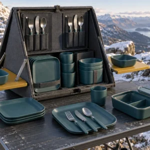 Complete A-frame camping dinnerware set with service case shelves plates bowls cups lunch box and cutlery at a snowy mountain camp
