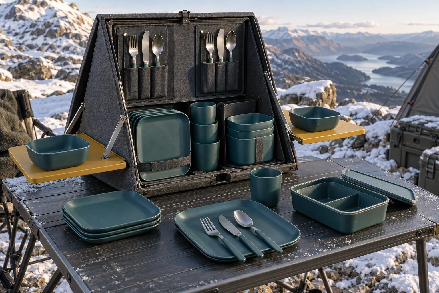 Complete A-frame camping dinnerware set with service case shelves plates bowls cups lunch box and cutlery at a snowy mountain camp