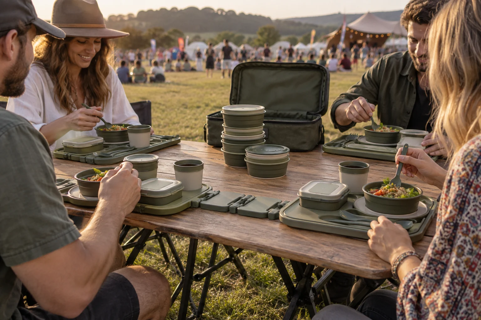Accordion-Fan Dinnerware Outdoor Application Four adults using an accordion-fan dinnerware set at an outdoor festival table