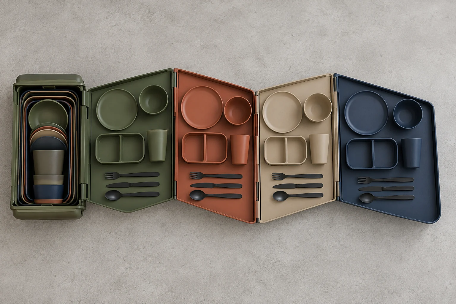 Accordion-Fan Dinnerware Configuration Four hinged place-setting trays unfolded from an accordion-fan camping case