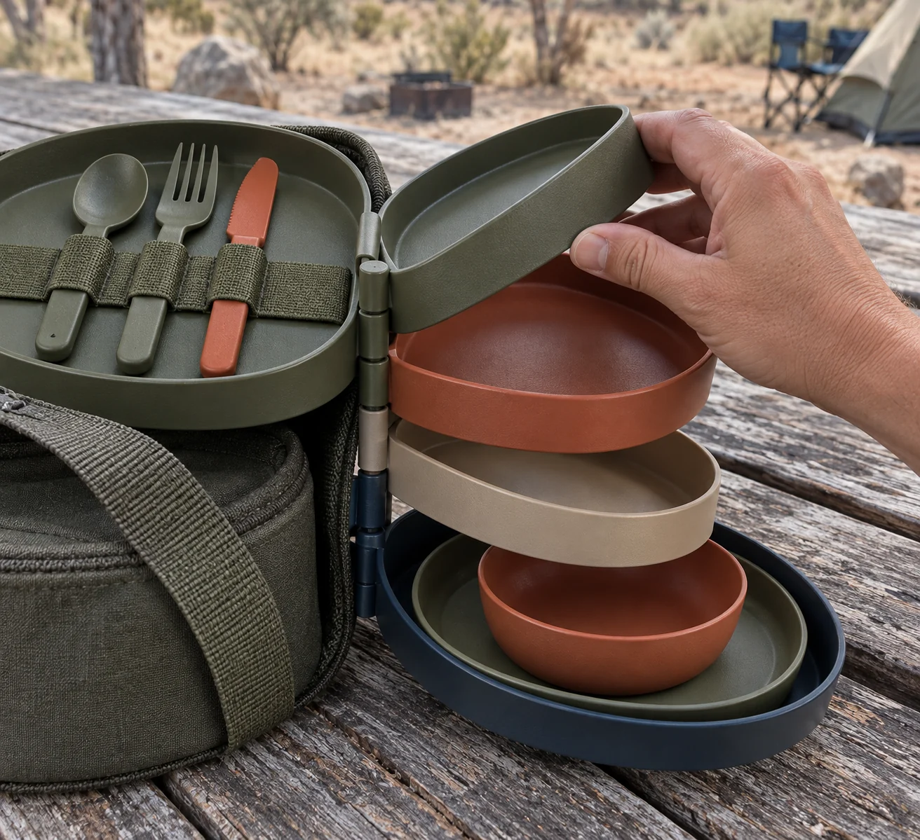 Accordion-Fan Hinge and Retention Detail Hand folding a hinged tray beside nested dinnerware and retained utensils