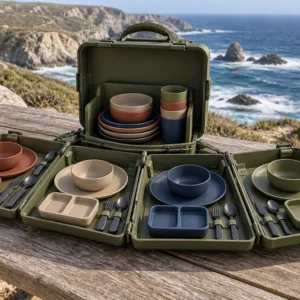 Accordion-fan camping dinnerware set unfolded on a coastal picnic table
