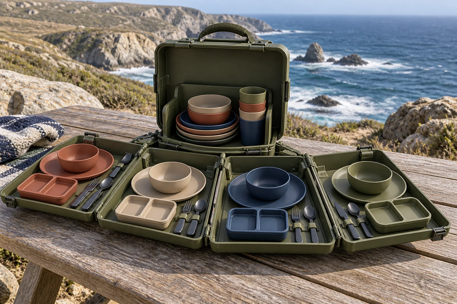 Accordion-fan camping dinnerware set unfolded on a coastal picnic table