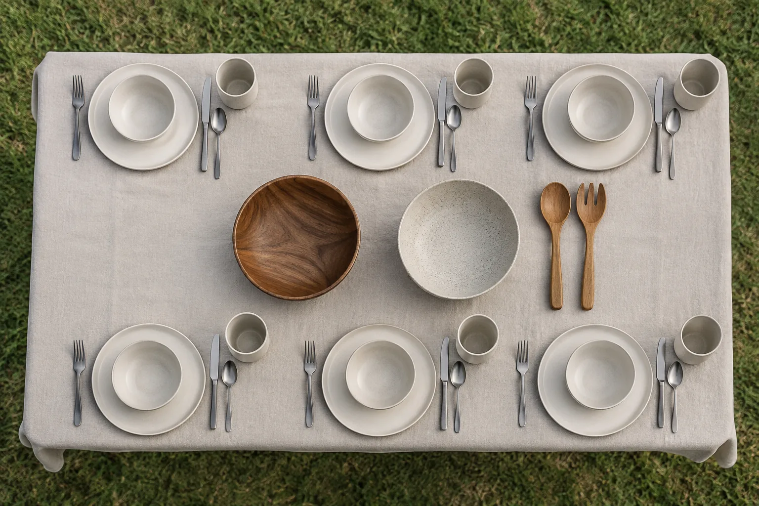 Group Camping Component Allocation Six individual camping place settings arranged around shared serving bowls
