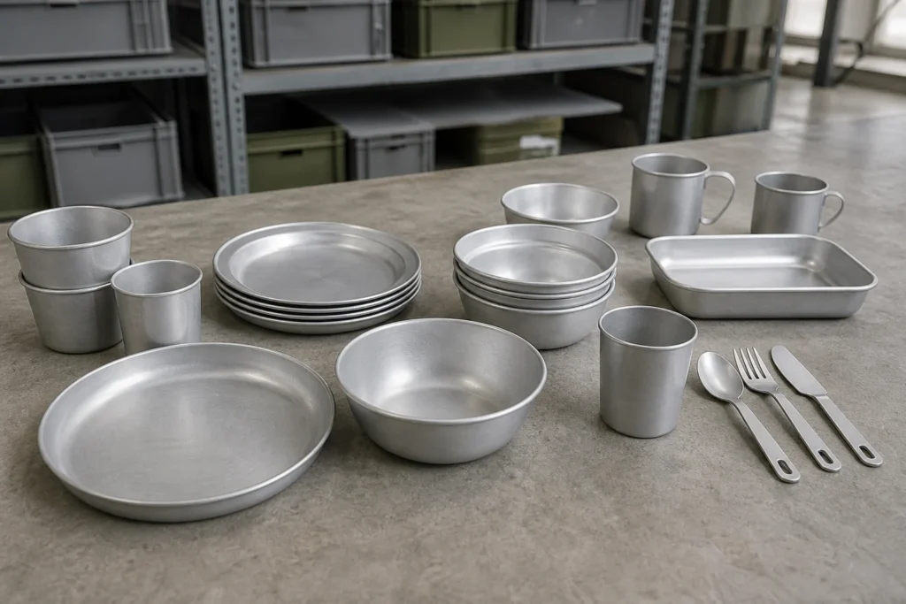 Aluminum camping dinnerware arranged for a neutral warehouse sample review