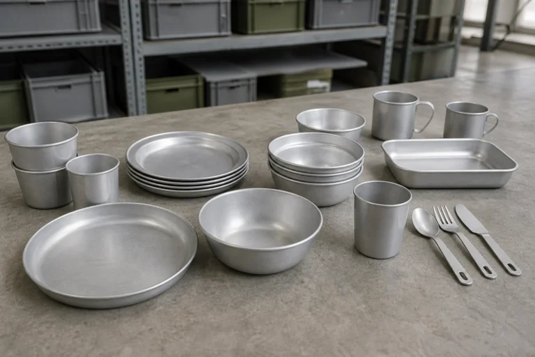Aluminum camping dinnerware arranged for a neutral warehouse sample review