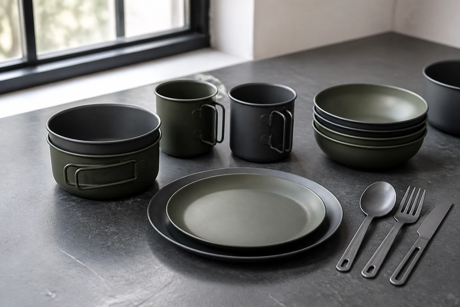 Anodized aluminum camping tableware arranged for a neutral B2B sample review