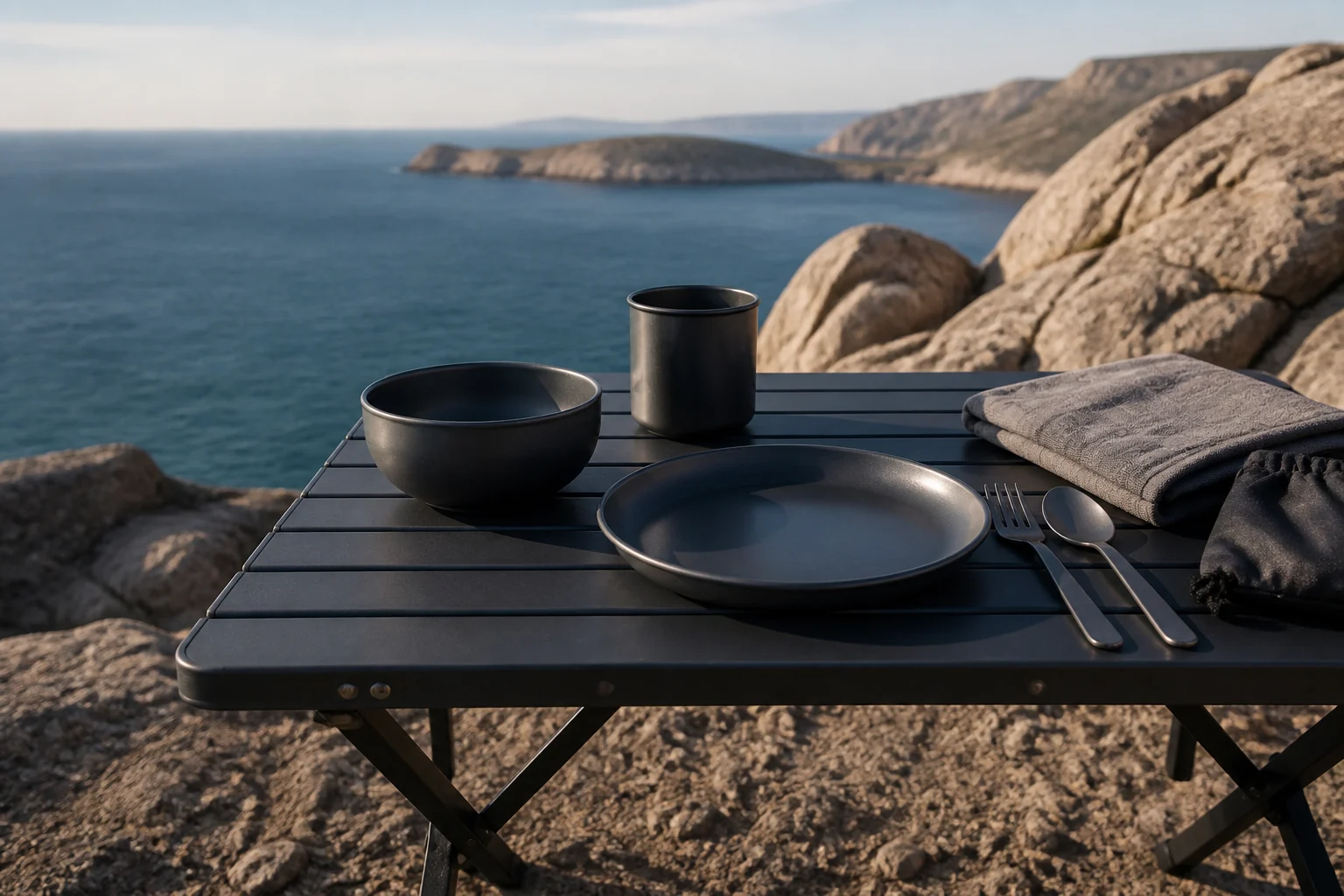 Anodized aluminum camping tableware arranged at a rocky coastal picnic site