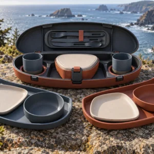 Complete arc-shell camping dinnerware set with oval case crescent trays triangular plates bowls cups lunch box and cutlery cassette on a coastal overlook