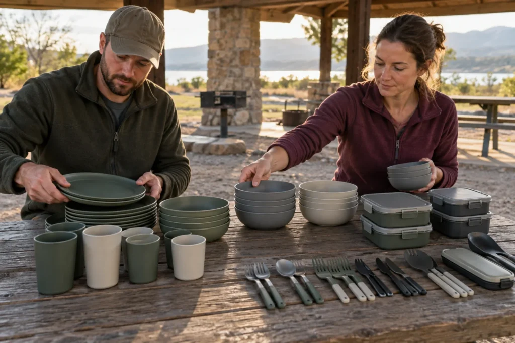 Buyers reviewing camping dinnerware set components at an outdoor sample table