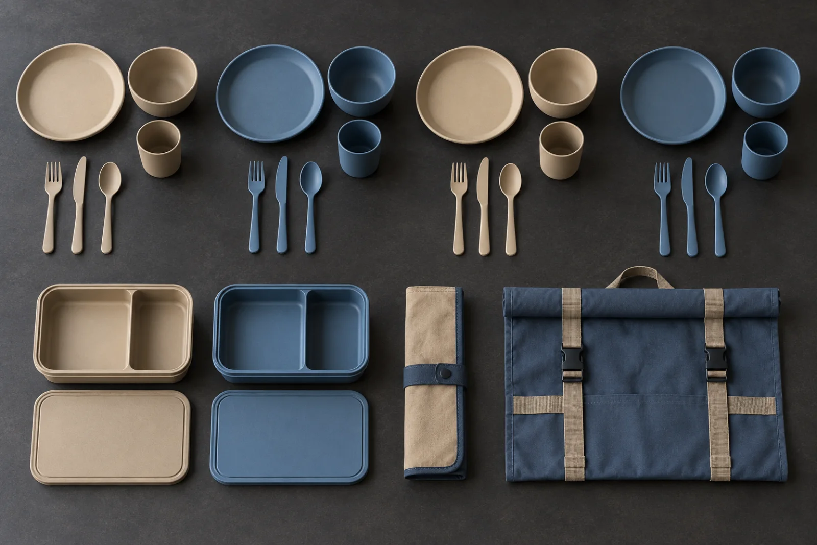 Camping Set Component Matrix Top-down component matrix for four camping place settings and shared serving pieces