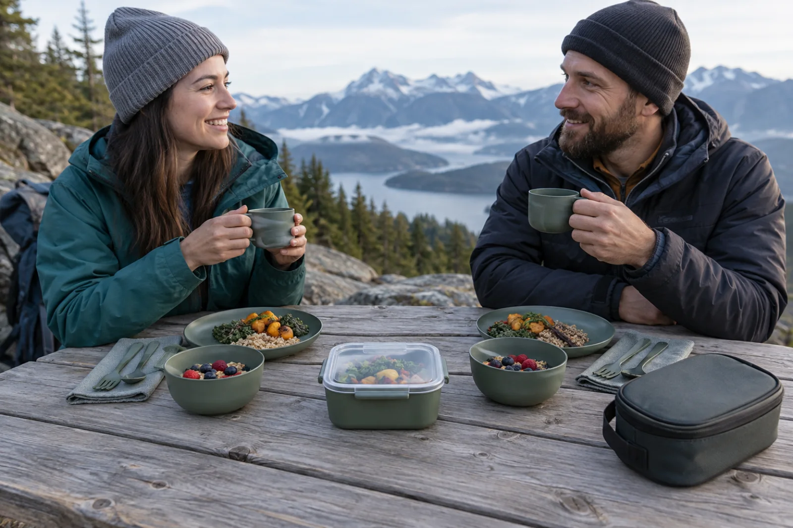 Two-Person Mountain Dinnerware Scenario Two-person camping dinnerware configuration at a mountain lakeside site