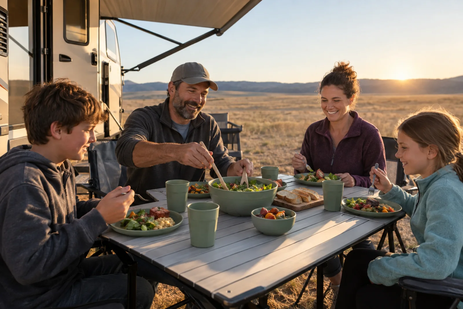 Four-Person RV Dinnerware Scenario Four-person camping dinnerware set in an RV grassland meal scenario