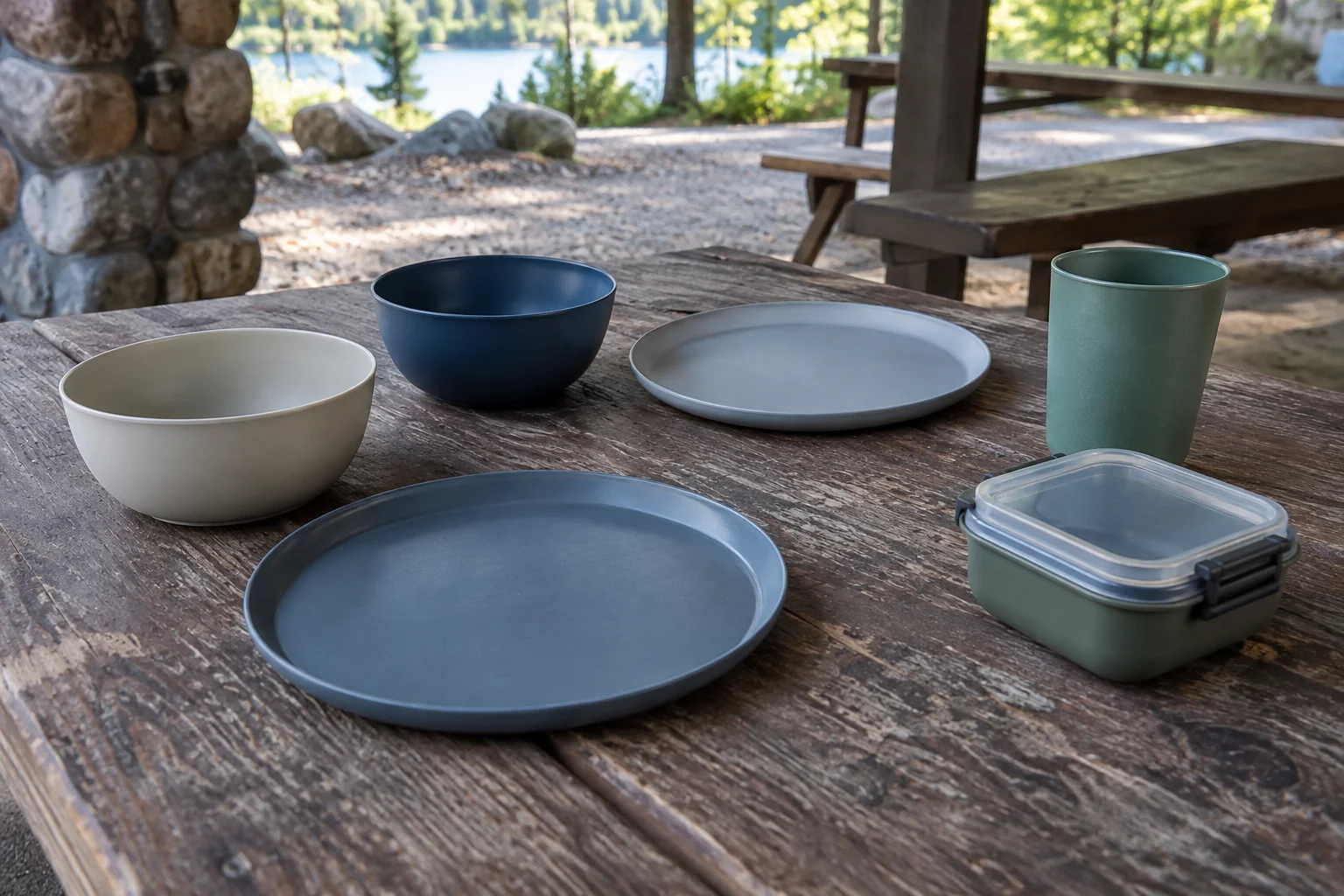 Base and optional dinnerware sample review Concept sample review of plates bowls cup and optional lidded lunch container on a wooden outdoor table