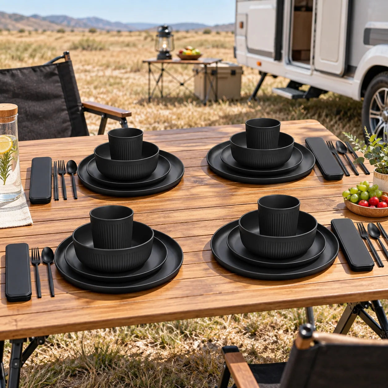 Black 48-piece wheat straw dinnerware set arranged at an open dry-grassland caravan campsite