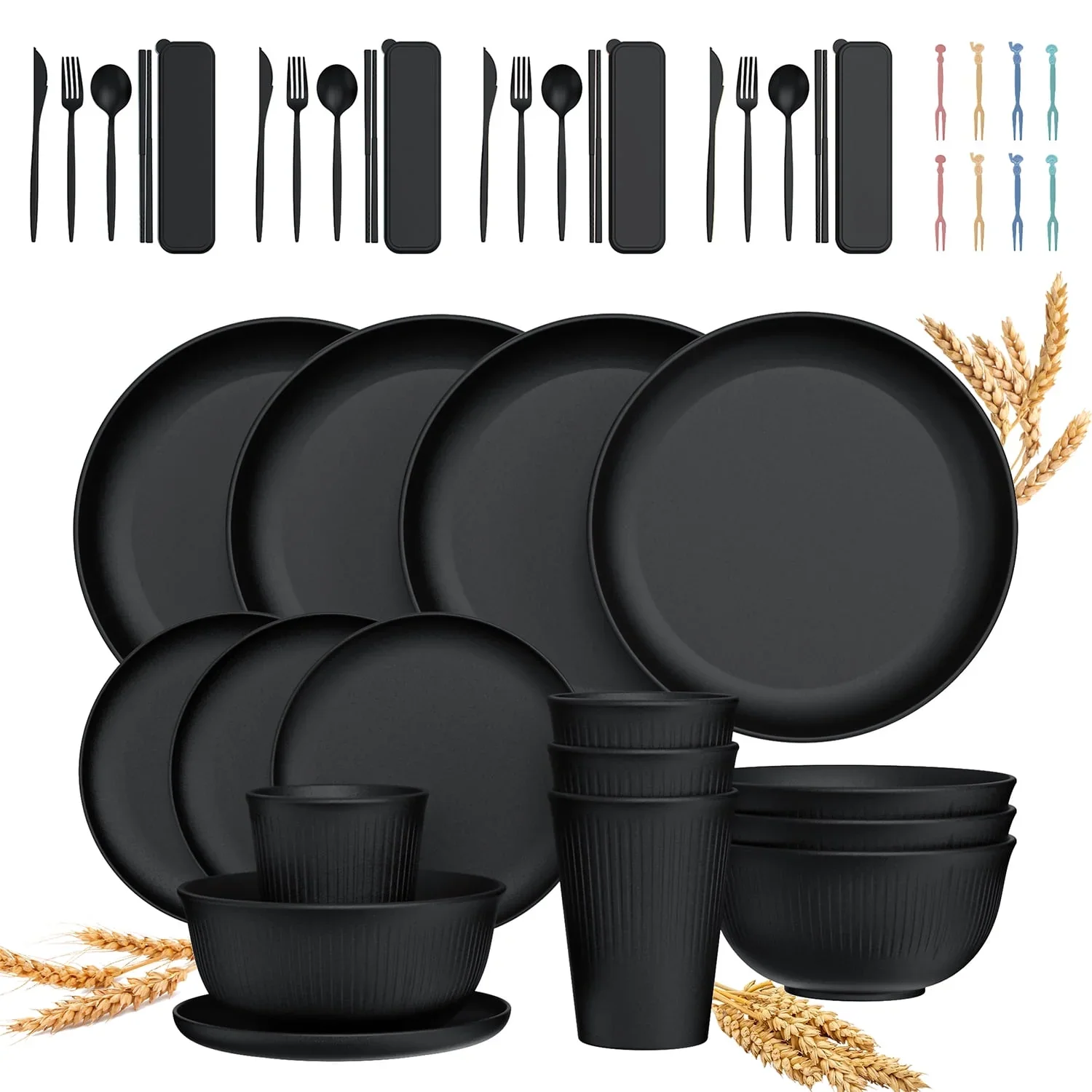 Black 48-piece source configuration Black 48-piece wheat straw dinnerware source configuration with round plates ribbed bowls cups cutlery cases and small forks