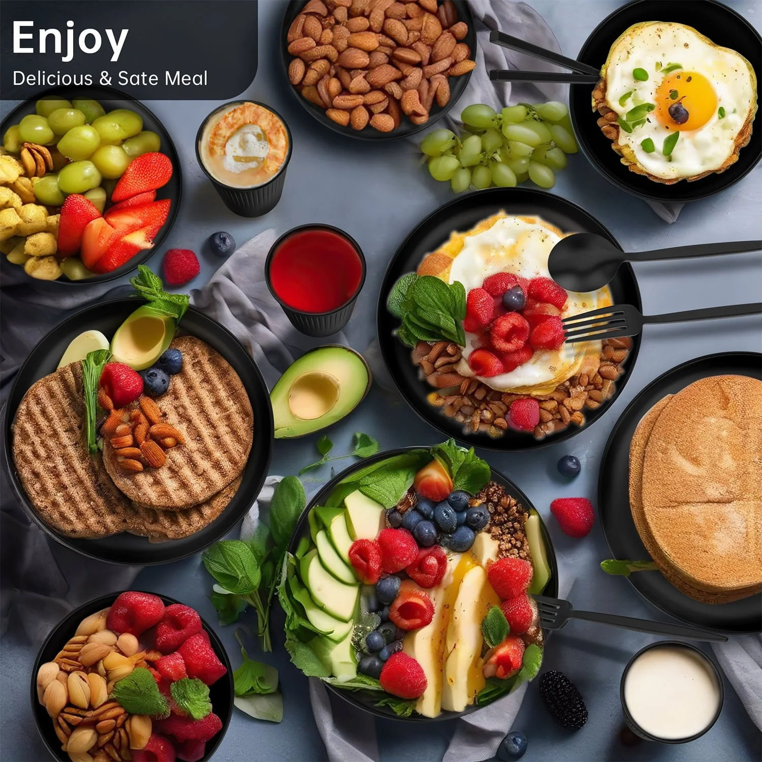 Black dinnerware meal application Black round dinnerware in a meal presentation showing plates bowls and cups in use