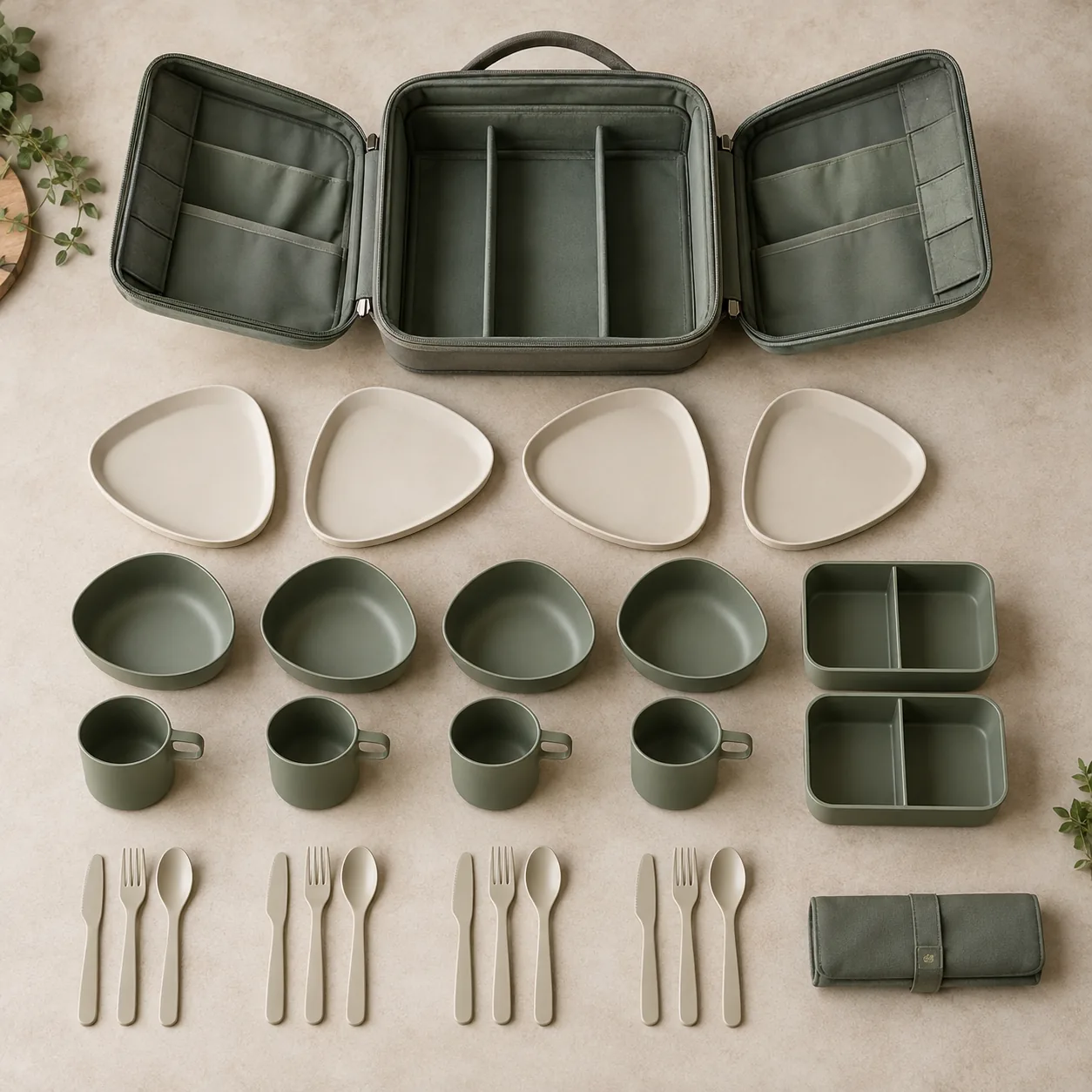Book-Case Set Configuration Book-case family camping dinnerware set with plates bowls cups lunch boxes cutlery and carry case