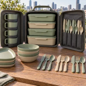 Complete book-case camping dinnerware set on a rooftop picnic terrace