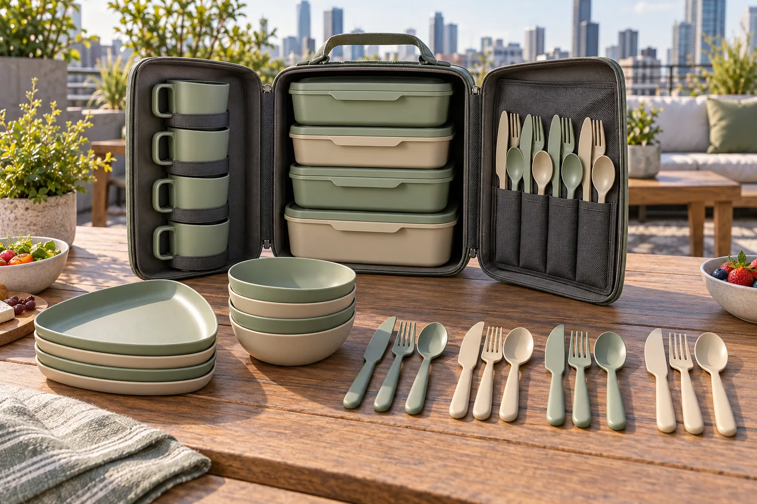 Complete book-case camping dinnerware set on a rooftop picnic terrace