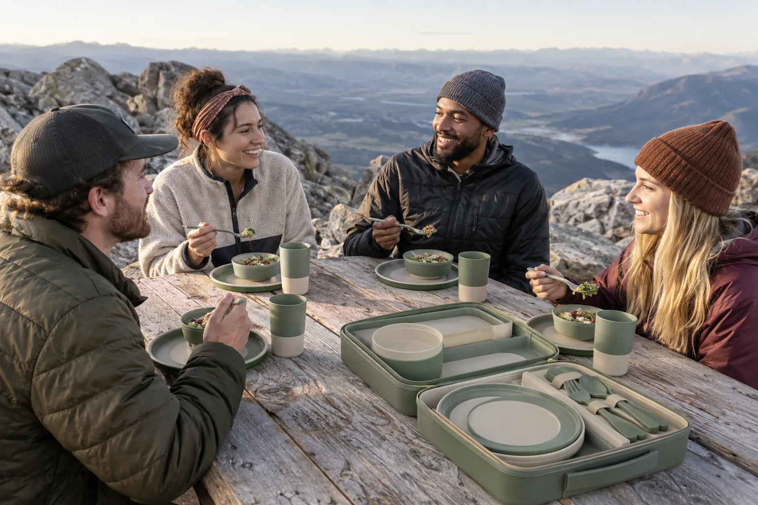 Book-Case Family Set Outdoor Application Four adults using a book-case family camping dinnerware set at a mountain overlook