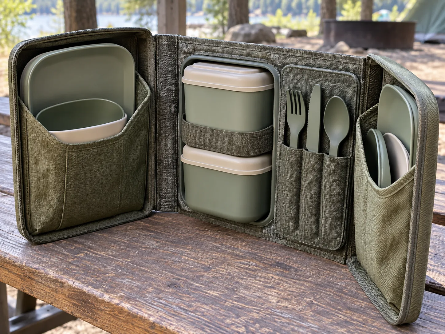 Book-Case Storage Detail Hinged storage wings and utensil retention in a book-case camping dinnerware case