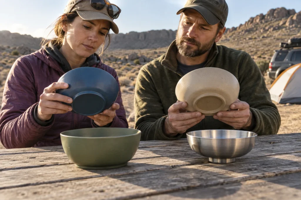 Two buyers conduct a camping bowl base stability review on a dryland trailhead table