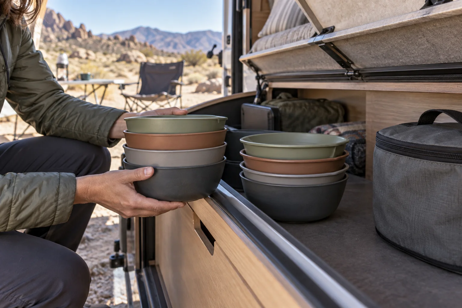 Buyer compares bowl stacks with different base heights at an RV storage bench