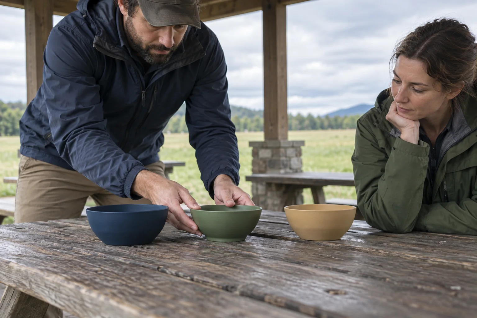 Buyer places camping bowls on a worn picnic shelter table during a stability review