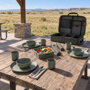 Bridge-beam camping dinnerware set with open rectangular case crossbeams upright plates cups bowls lunch box and cutlery at a grassland shelter