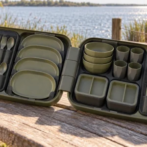 Bridge-latch camping dinnerware set opened beside a riverside boardwalk
