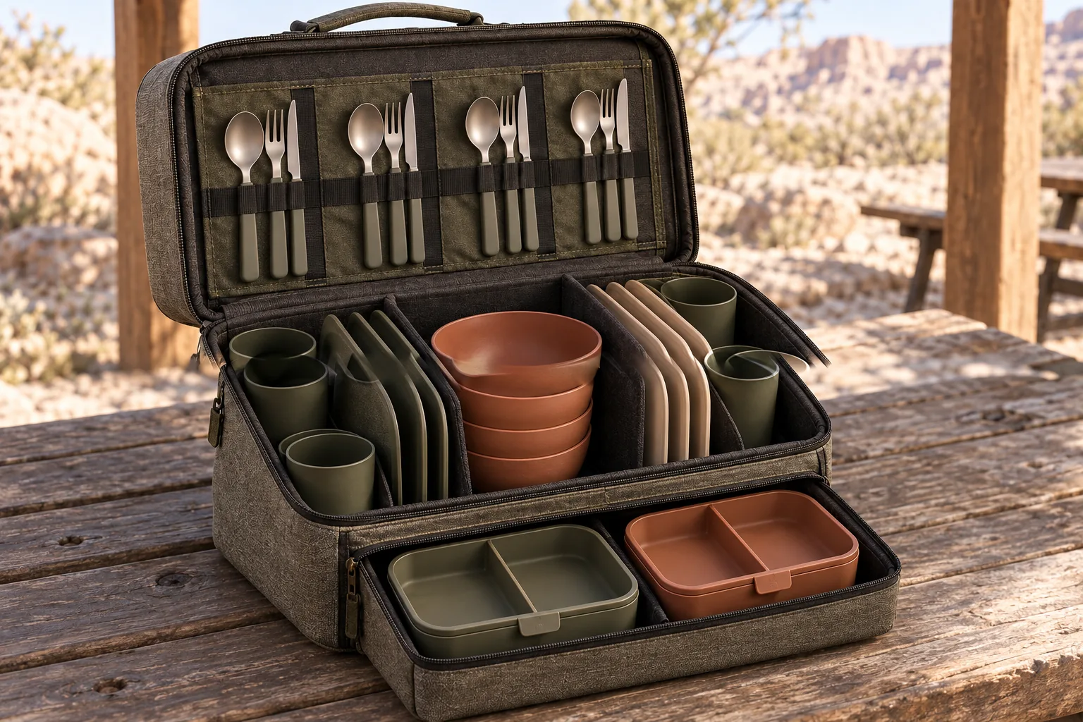 Bridge-Rack Storage Architecture Detail Soft Bridge-Rack carry case with plate slots bowl well cup pockets and lunch boxes