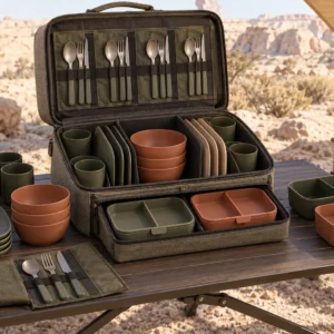 Complete Bridge-Rack family camping dinnerware set at a dryland campsite