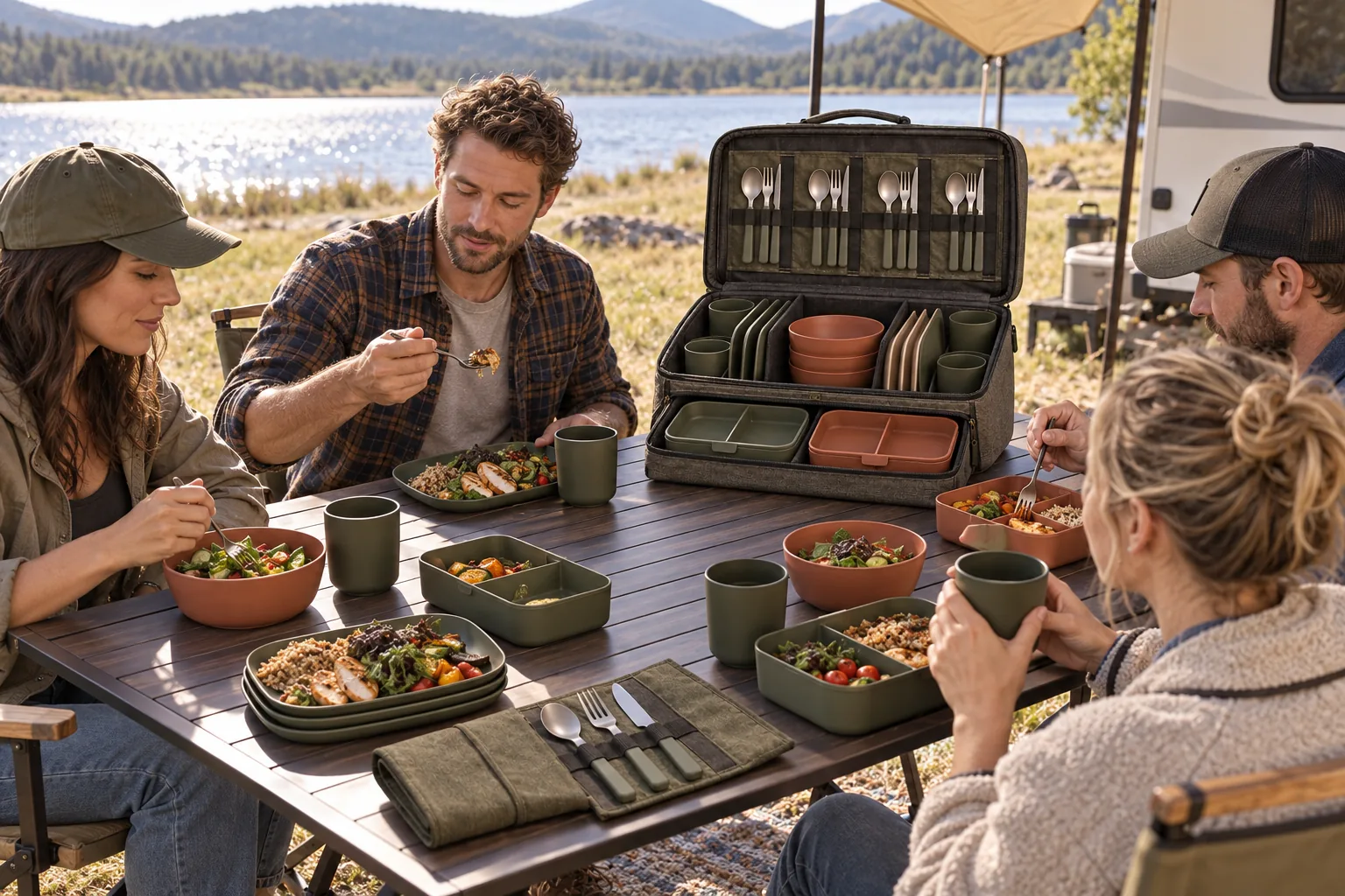 Bridge-Rack Camping Set Outdoor Application Four adults using a Bridge-Rack camping dinnerware set at a lakeside caravan site