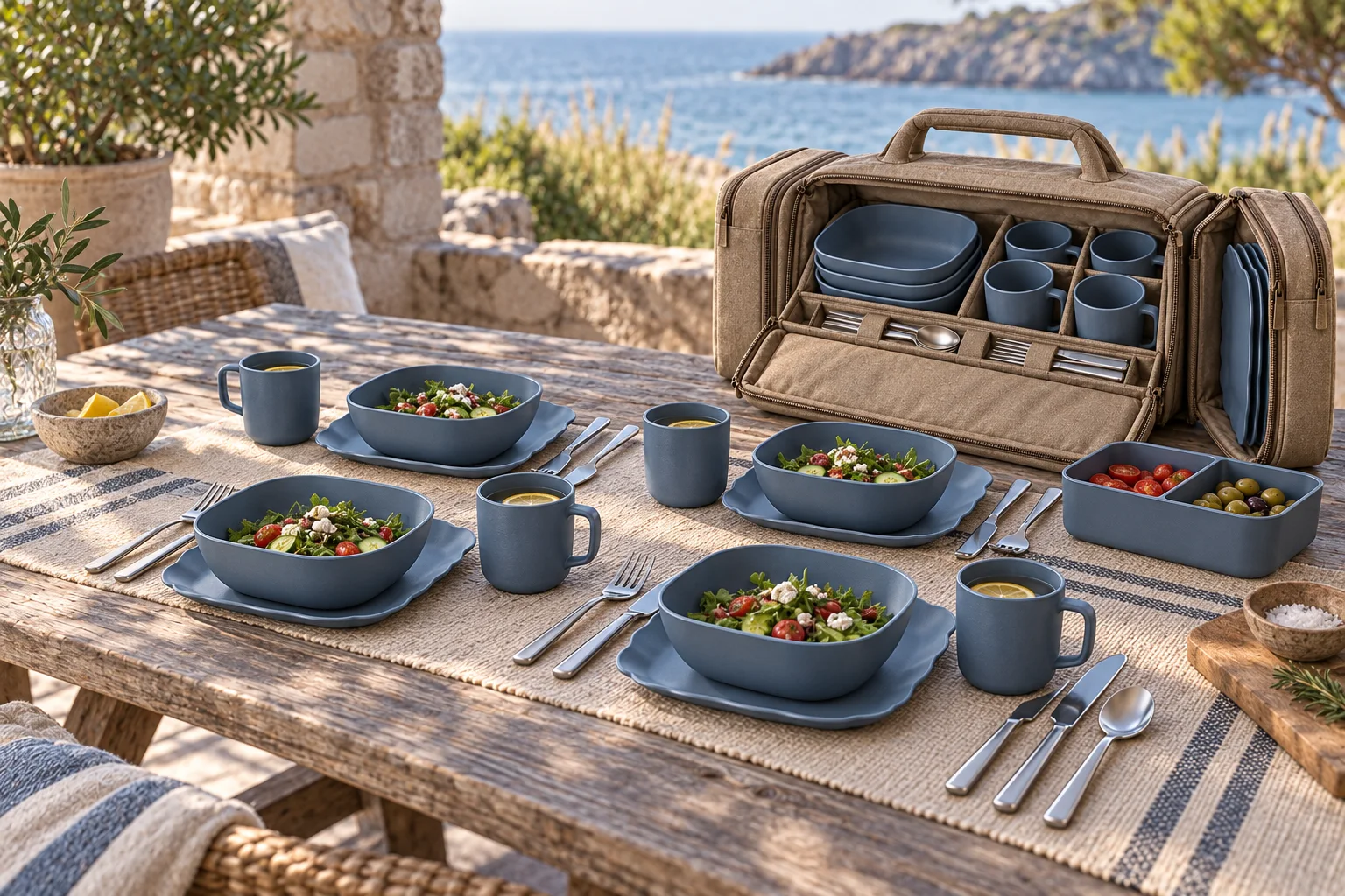 Bridge-sleeve coastal application concept Four blue-gray outdoor place settings with lunch box and open bridge-sleeve carry bag on a coastal picnic terrace