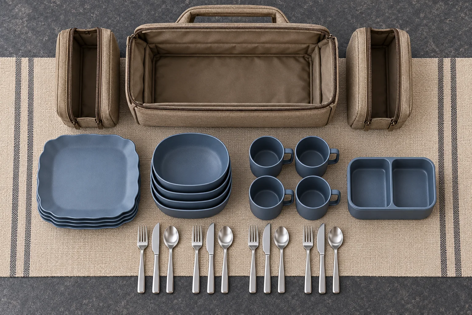 Bridge-sleeve reference configuration Top-down bridge-sleeve dinnerware configuration with four plates bowls handled cups lunch box cutlery and removable side sleeves