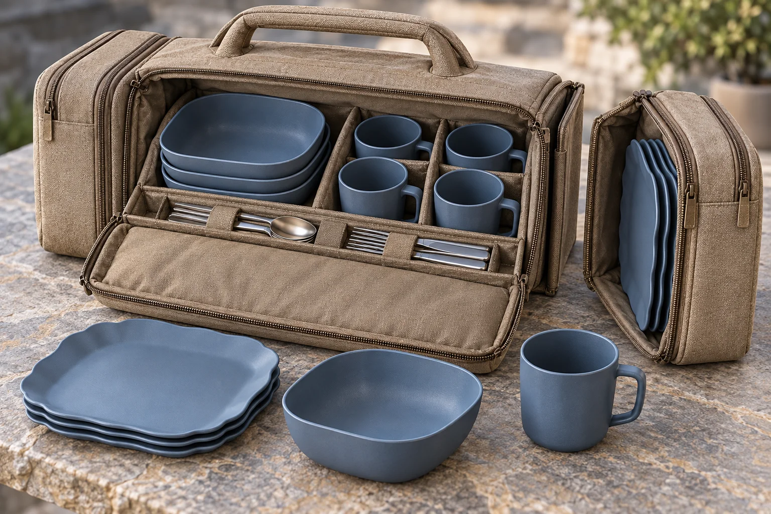 Bridge handle and removable sleeve detail Close view of sand carry bag bridge handle removable plate sleeve padded bays cup pockets and cutlery rail