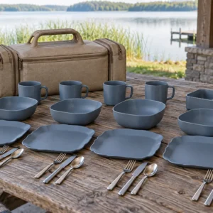 Bridge-sleeve camping dinnerware set for four people with scalloped plates oval bowls handled cups lunch box cutlery and sand carry bag at a lakeside shelter