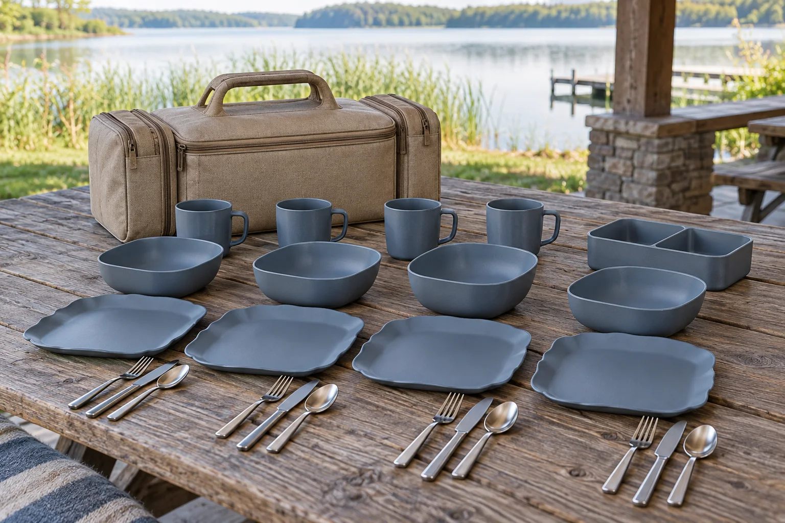 Bridge-sleeve camping dinnerware set for four people with scalloped plates oval bowls handled cups lunch box cutlery and sand carry bag at a lakeside shelter